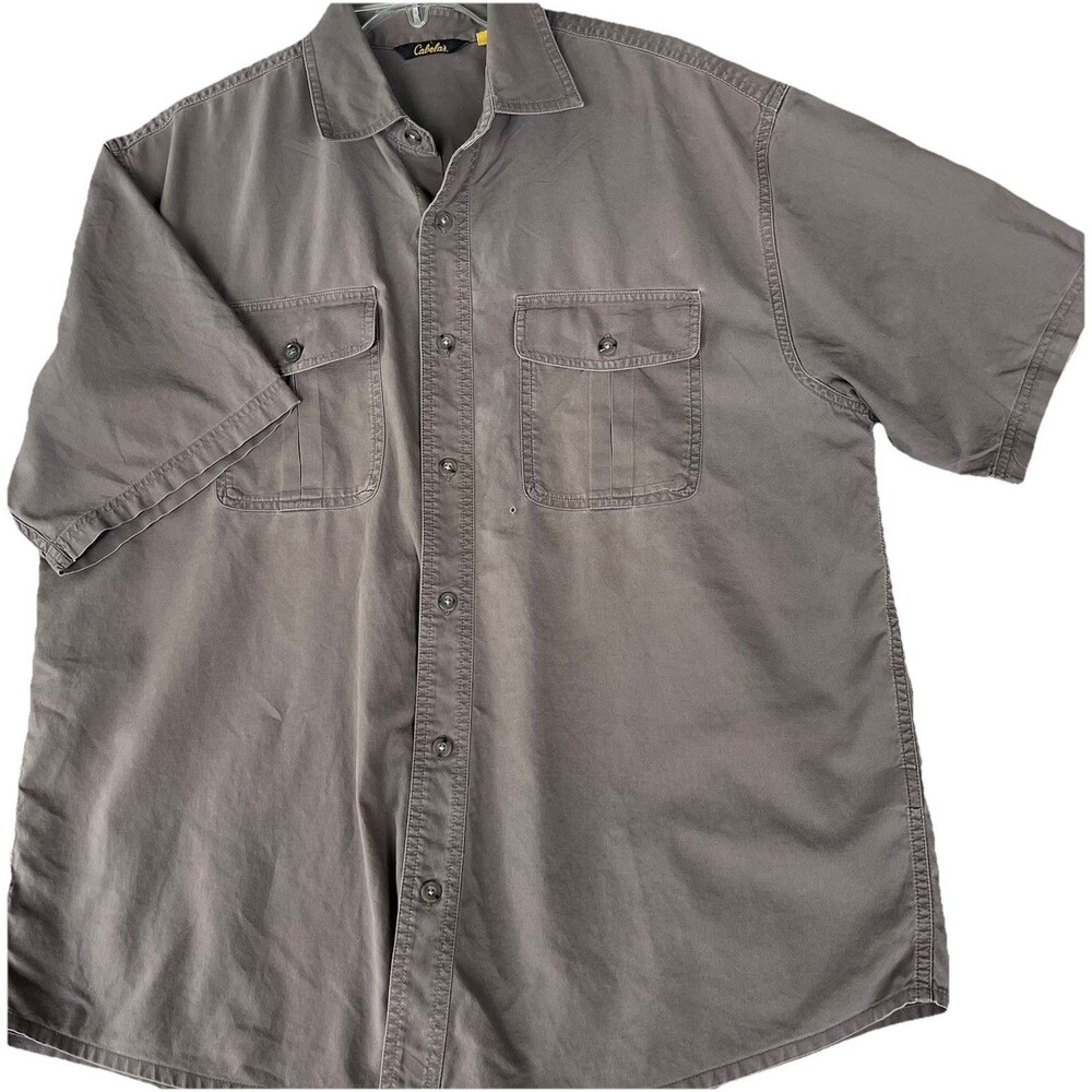 Cabela's Shirt Mens Large Gray Short Sleeve Logos Outdoor Work Flaws